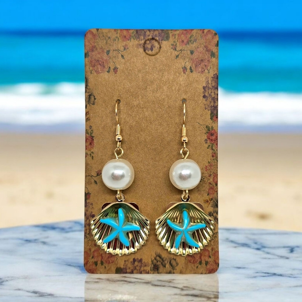 NEW Women's Beach Starfish Shell‎ Gold and Blue Summer Fashion Earrings